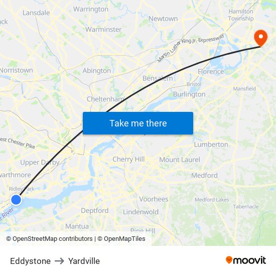 Eddystone to Yardville map