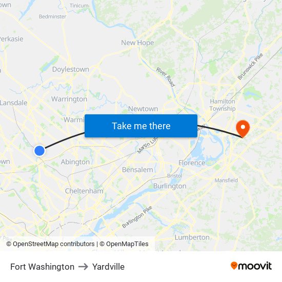 Fort Washington to Yardville map