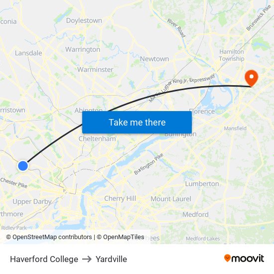 Haverford College to Yardville map