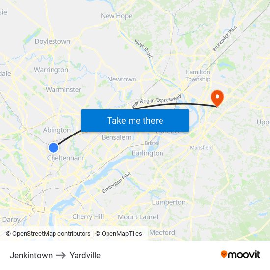 Jenkintown to Yardville map