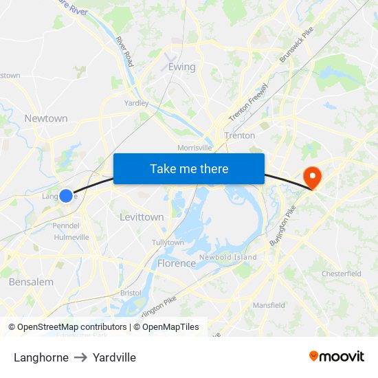 Langhorne to Yardville map