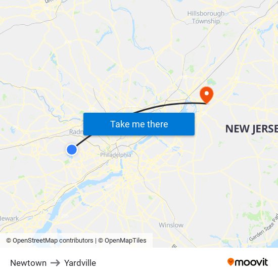 Newtown to Yardville map