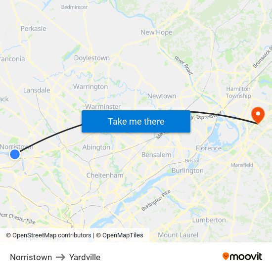 Norristown to Yardville map