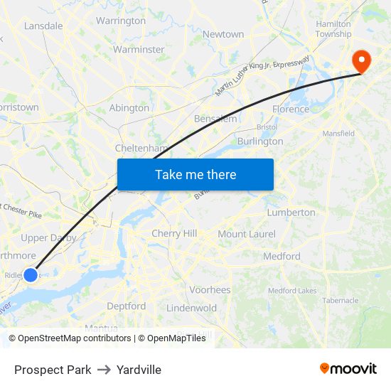 Prospect Park to Yardville map