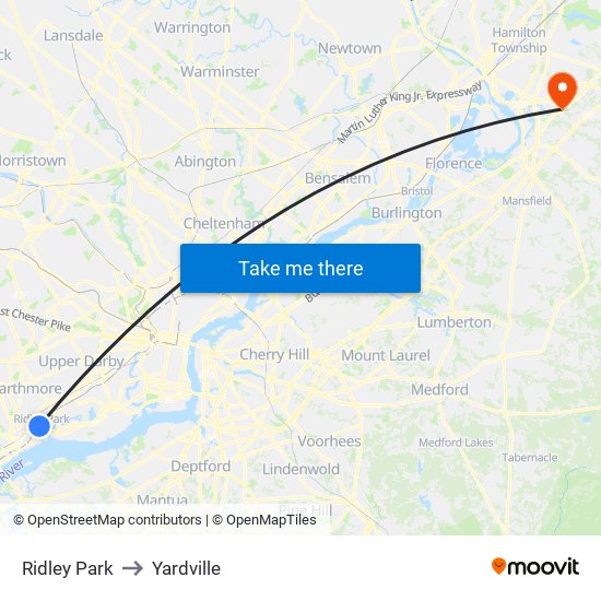 Ridley Park to Yardville map