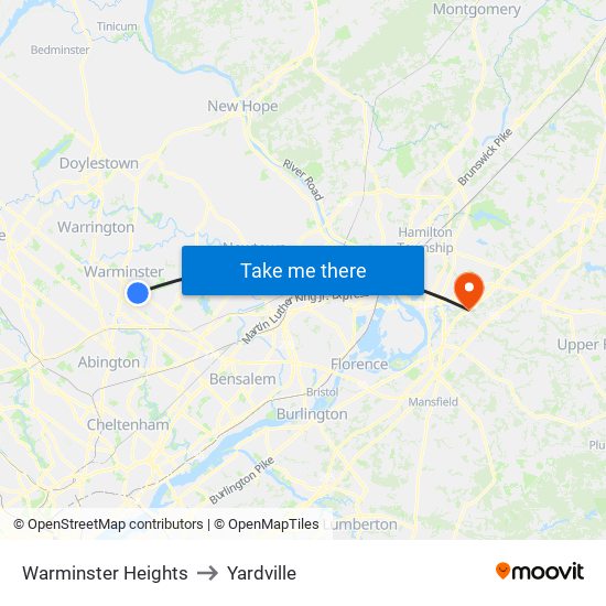 Warminster Heights to Yardville map