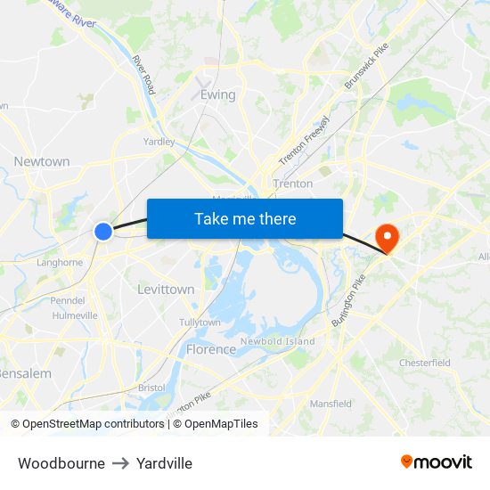 Woodbourne to Yardville map