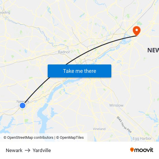 Newark to Yardville map