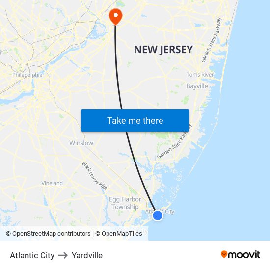 Atlantic City to Yardville map