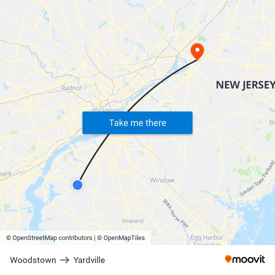 Woodstown to Yardville map