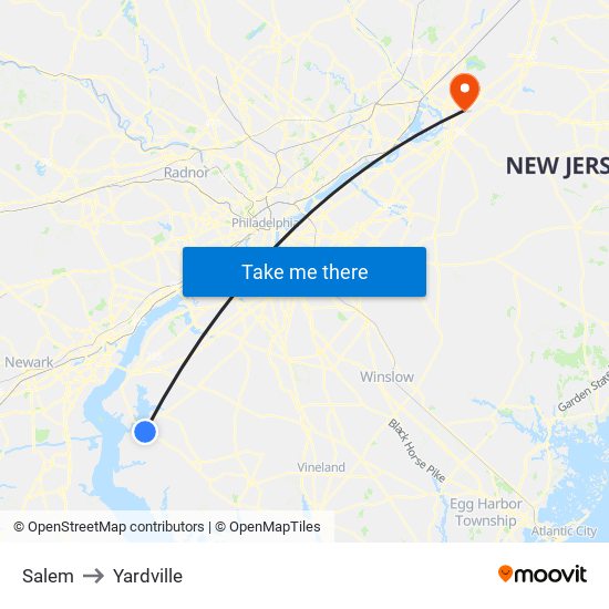 Salem to Yardville map
