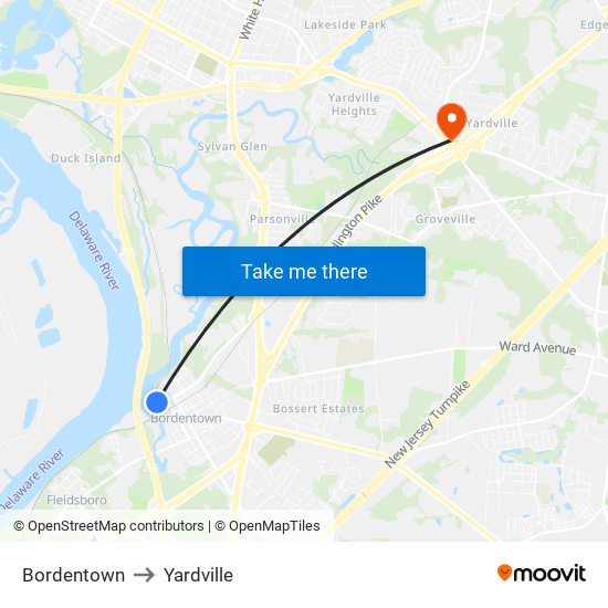 Bordentown to Yardville map