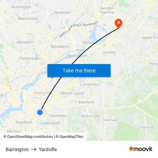 Barrington to Yardville map