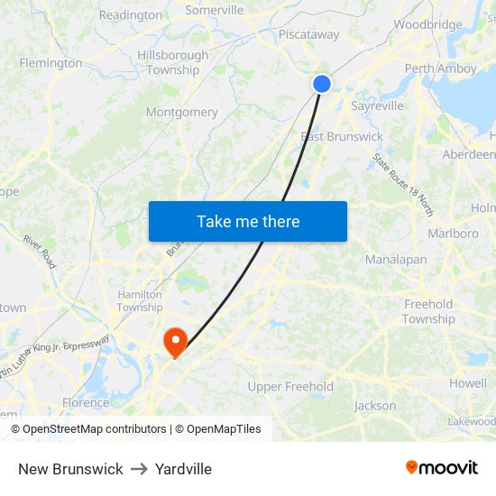 New Brunswick to Yardville map