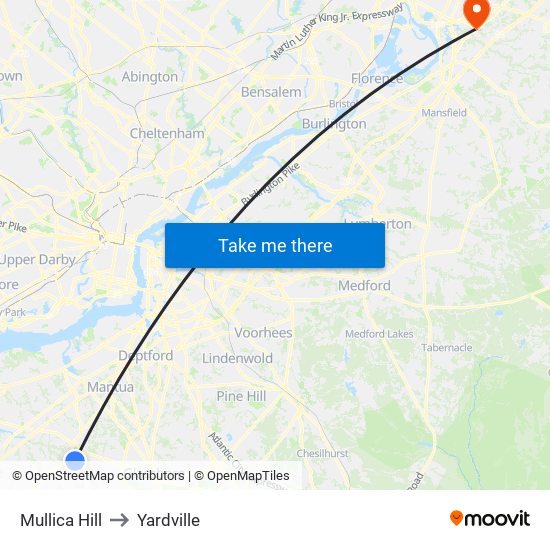 Mullica Hill to Yardville map