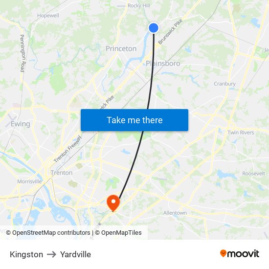 Kingston to Yardville map