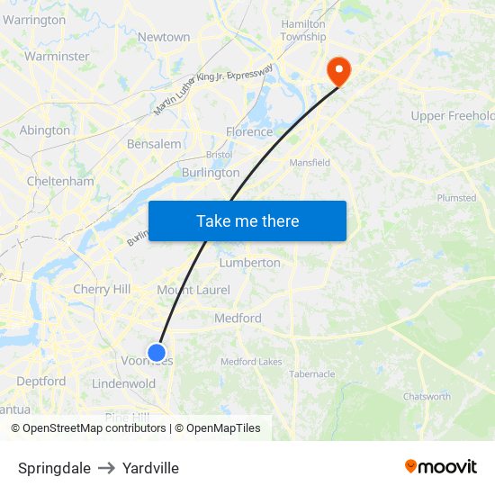 Springdale to Yardville map