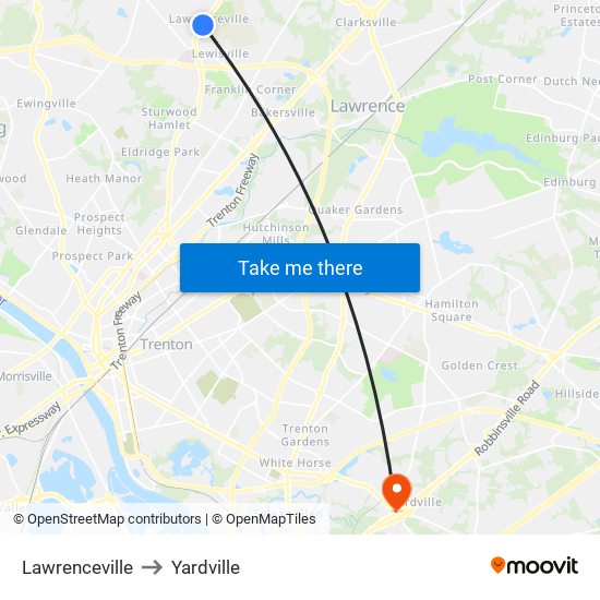 Lawrenceville to Yardville map