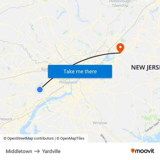 Middletown to Yardville map