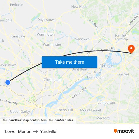 Lower Merion to Yardville map