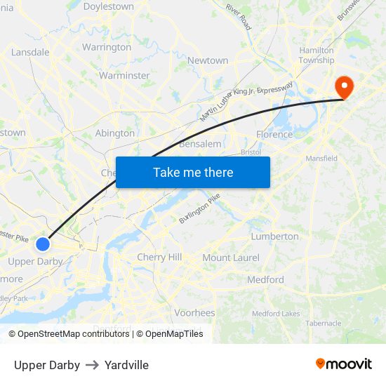 Upper Darby to Yardville map