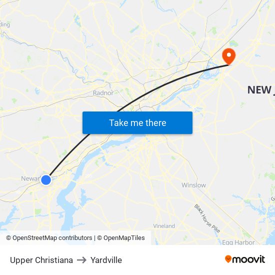 Upper Christiana to Yardville map