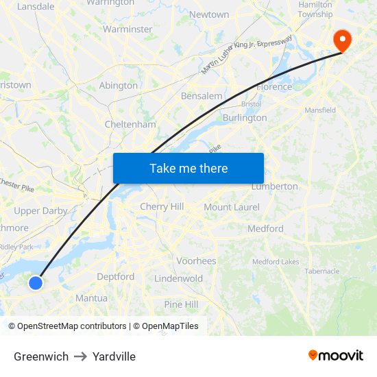 Greenwich to Yardville map