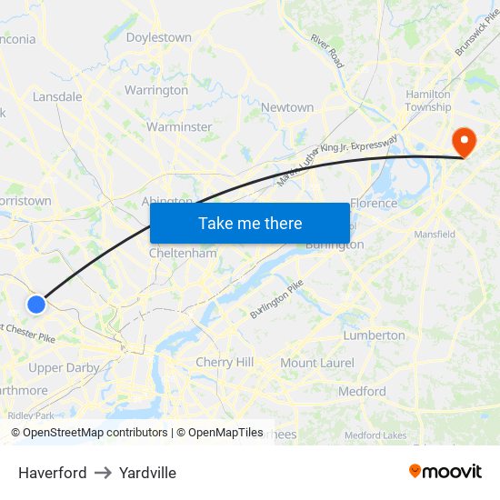 Haverford to Yardville map
