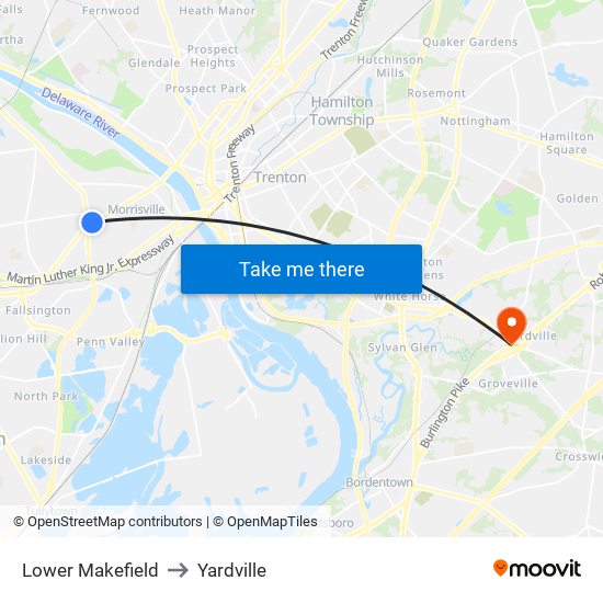 Lower Makefield to Yardville map