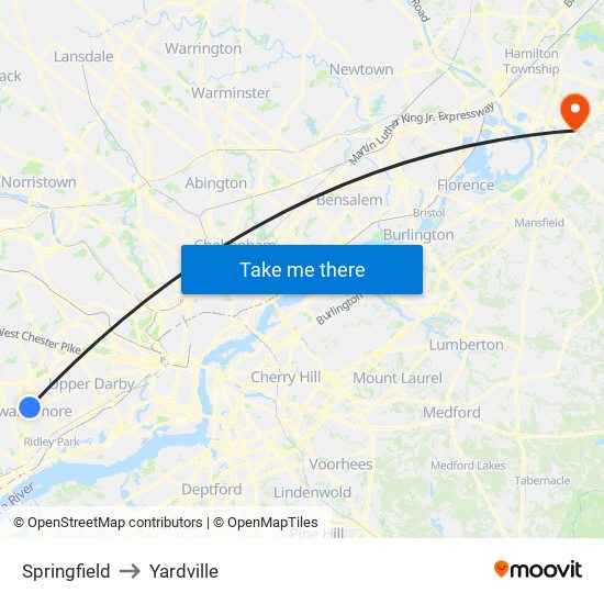 Springfield to Yardville map
