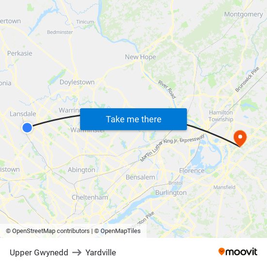 Upper Gwynedd to Yardville map