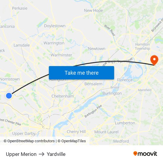 Upper Merion to Yardville map