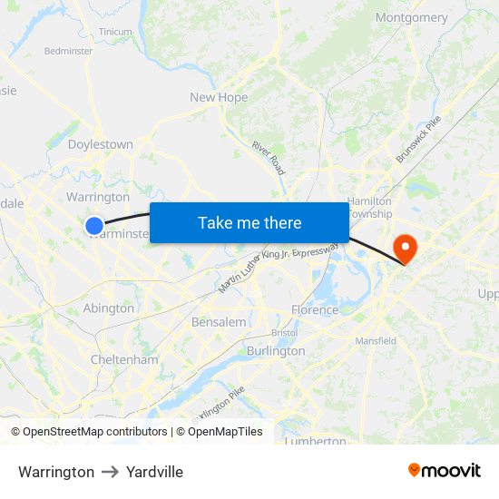 Warrington to Yardville map