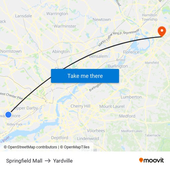 Springfield Mall to Yardville map