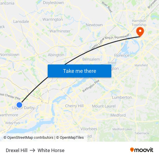 Drexel Hill to White Horse map