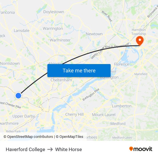 Haverford College to White Horse map