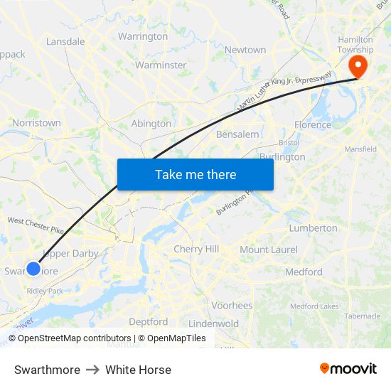Swarthmore to White Horse map