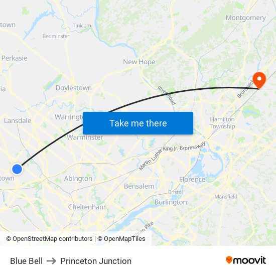 Blue Bell to Princeton Junction map