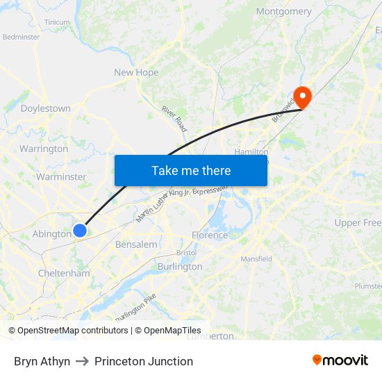 Bryn Athyn to Princeton Junction map