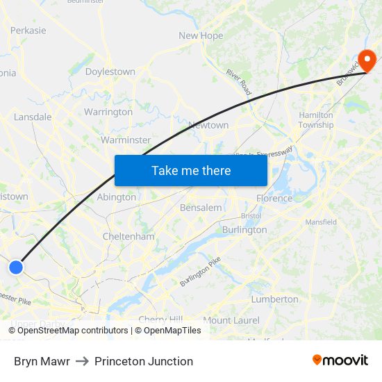 Bryn Mawr to Princeton Junction map