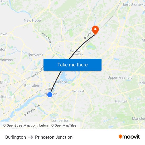 Burlington to Princeton Junction map