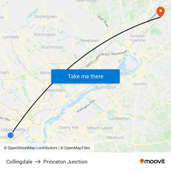 Collingdale to Princeton Junction map