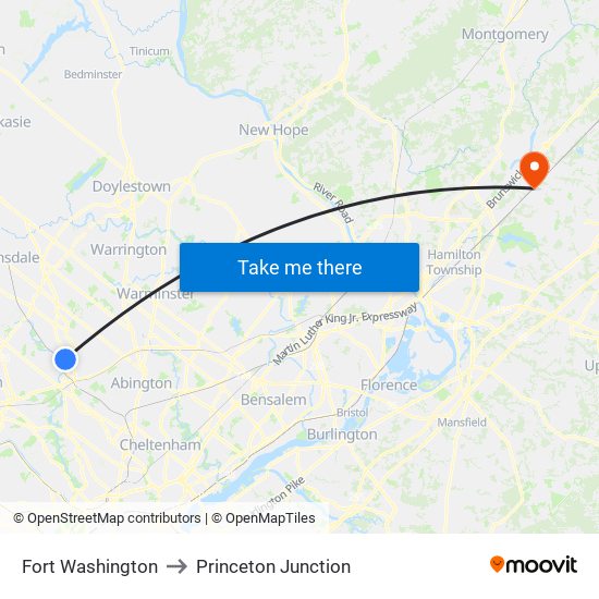 Fort Washington to Princeton Junction map
