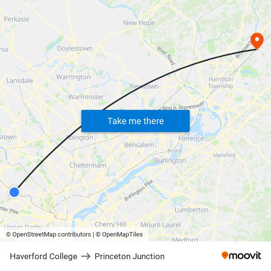 Haverford College to Princeton Junction map