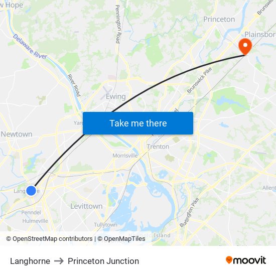 Langhorne to Princeton Junction map