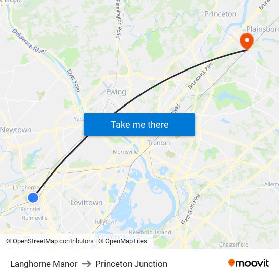 Langhorne Manor to Princeton Junction map