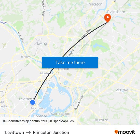 Levittown to Princeton Junction map