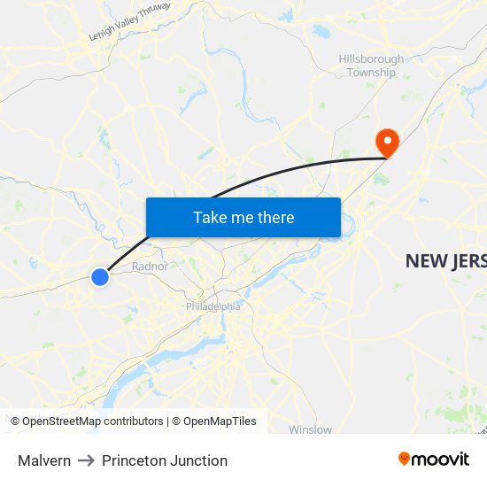 Malvern to Princeton Junction map