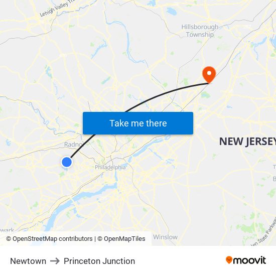 Newtown to Princeton Junction map