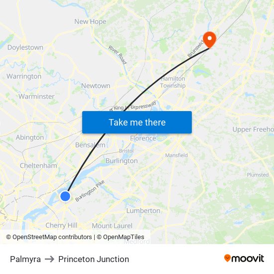 Palmyra to Princeton Junction map